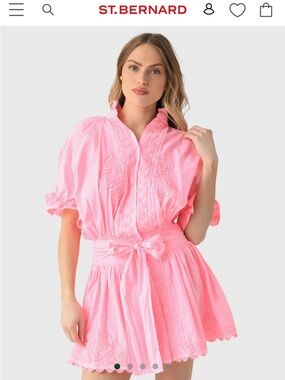 Juliet Dunn Bubblegum Pink Embroidered Blouson Poplin Dress with Tie Waist